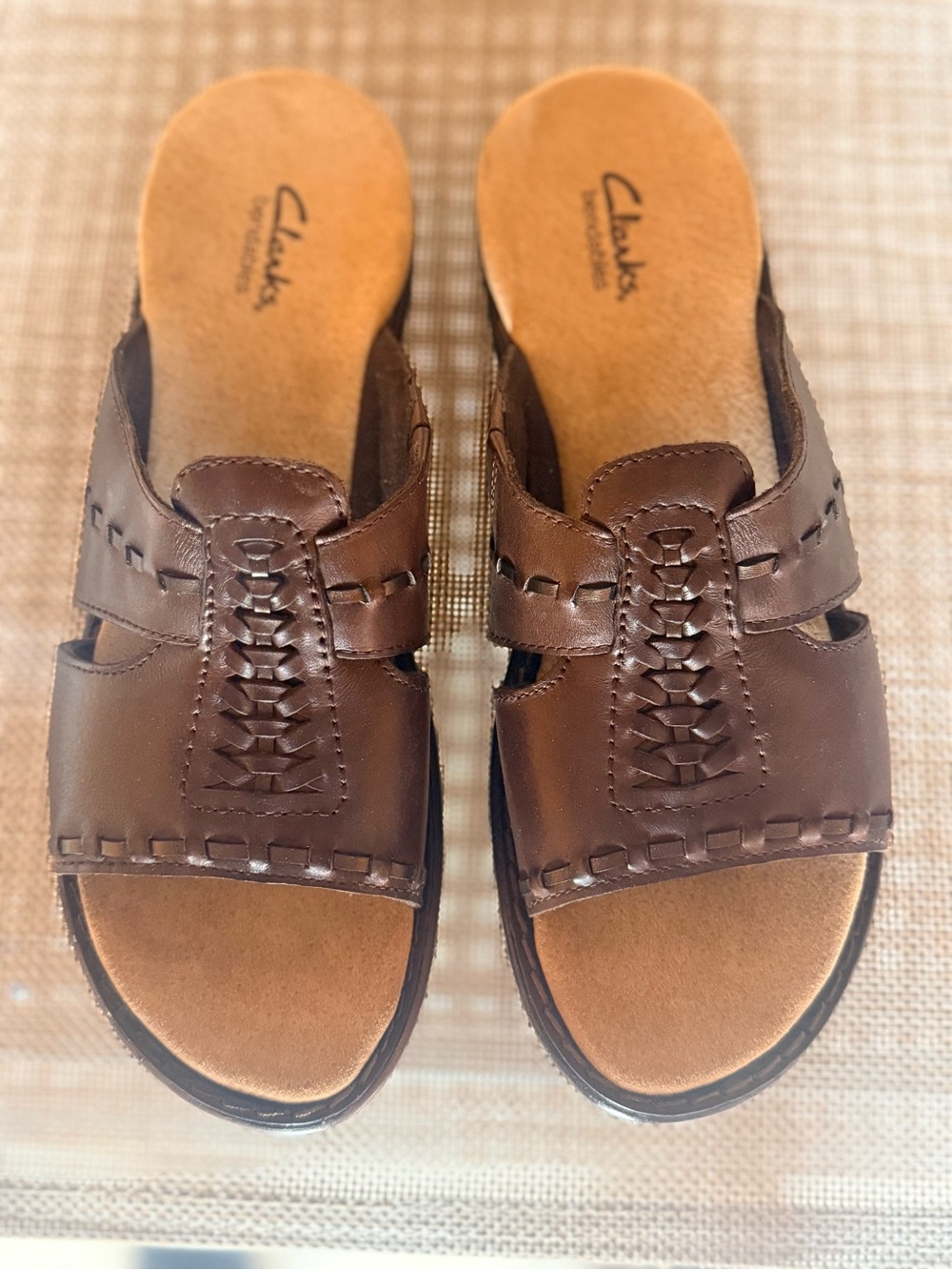 Clarks Brown Leather Slide Sandals with Woven Detail